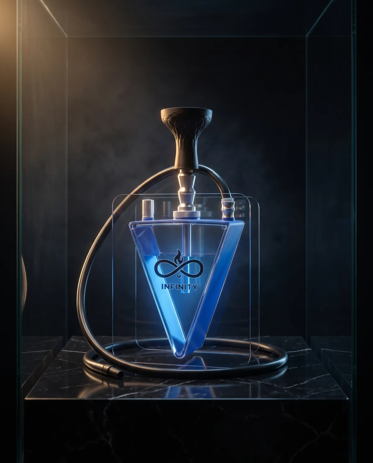 Hookah with a triangular blue acrylic base printed with the infinity mark, a black bowl and a coiled black hose, on black marble in a dark display case