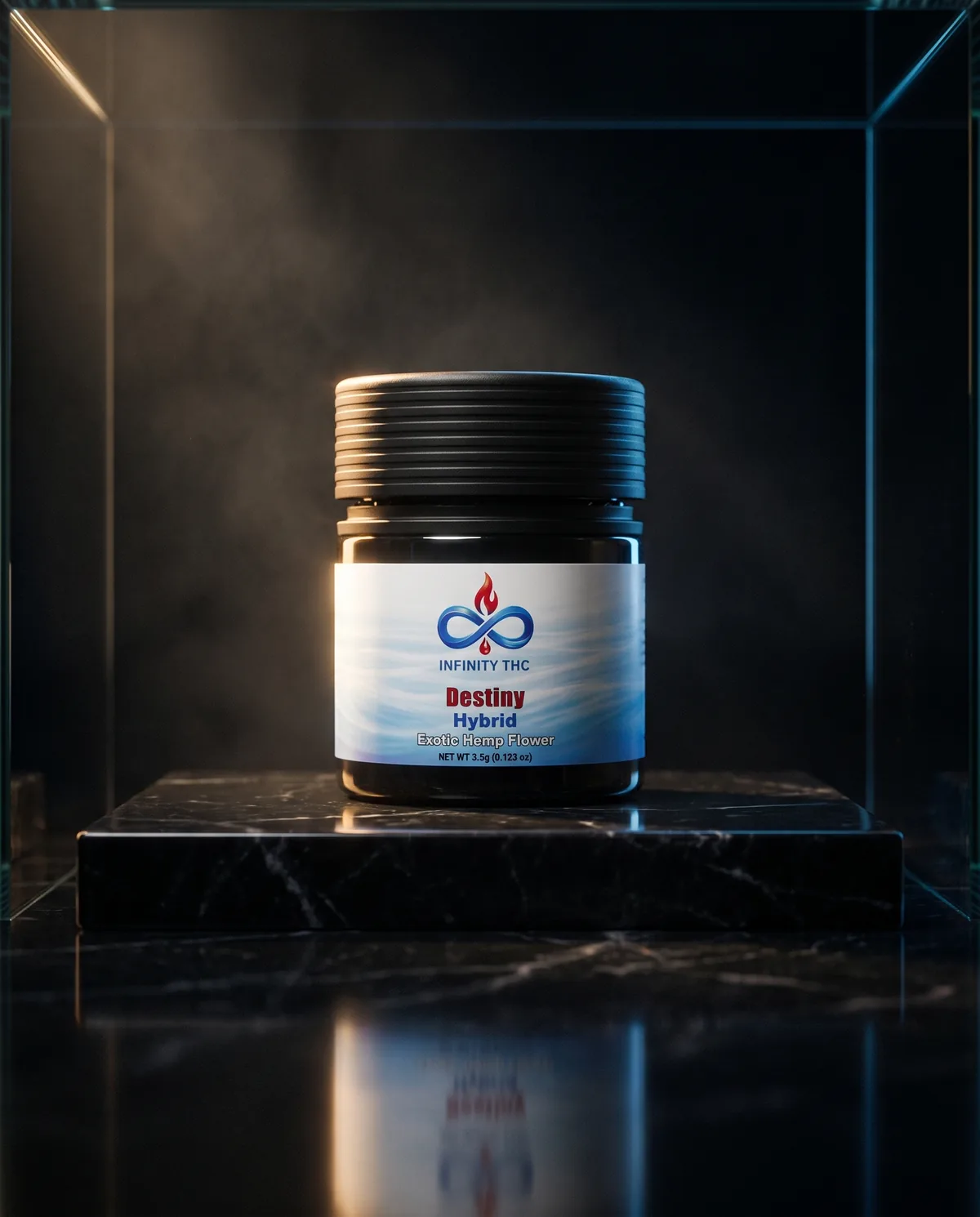 Black Infinity jar with a white label, on a black marble plinth in a dark display case