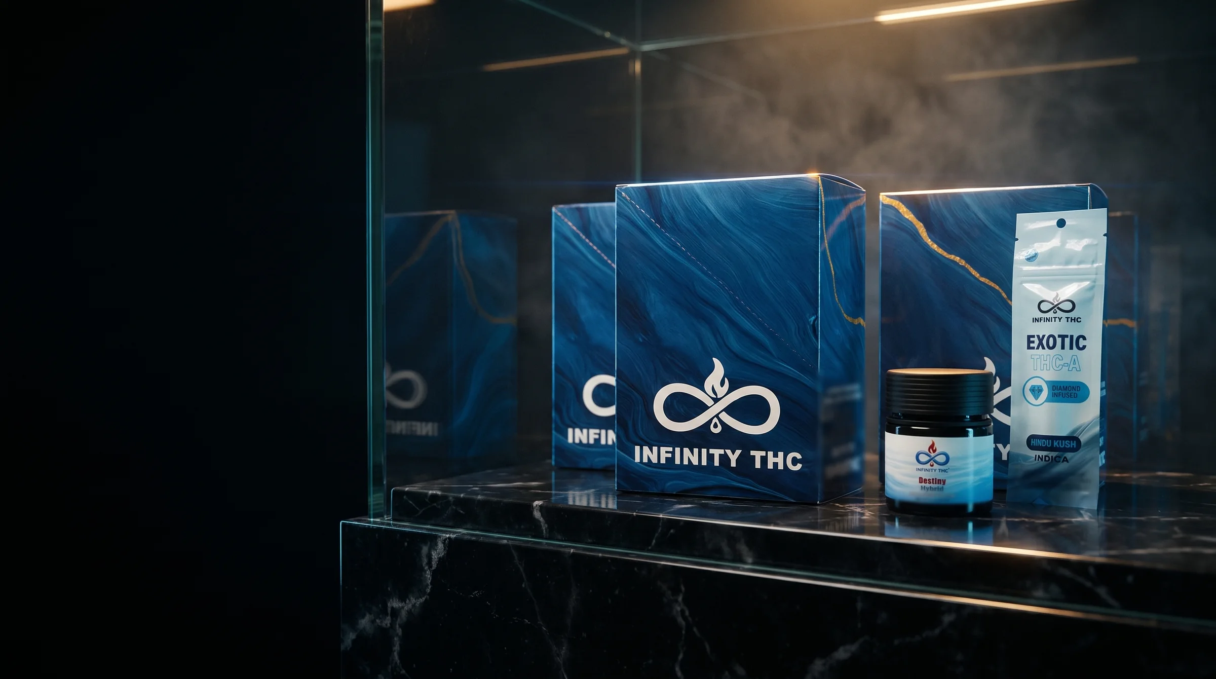 The Infinity house line together on a black marble ledge in a dark display case: blue marbled cartons, a black jar and a foil pouch