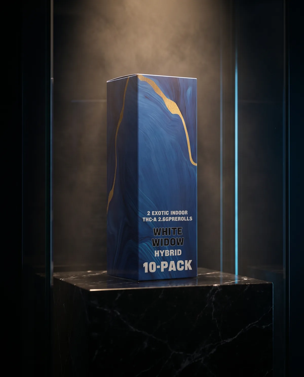 A second blue marbled Infinity carton turned to show its side panel, on a black marble plinth in a dark display case