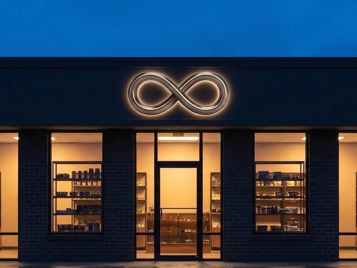 Shop exterior at dusk with a glowing infinity logo above lit front windows